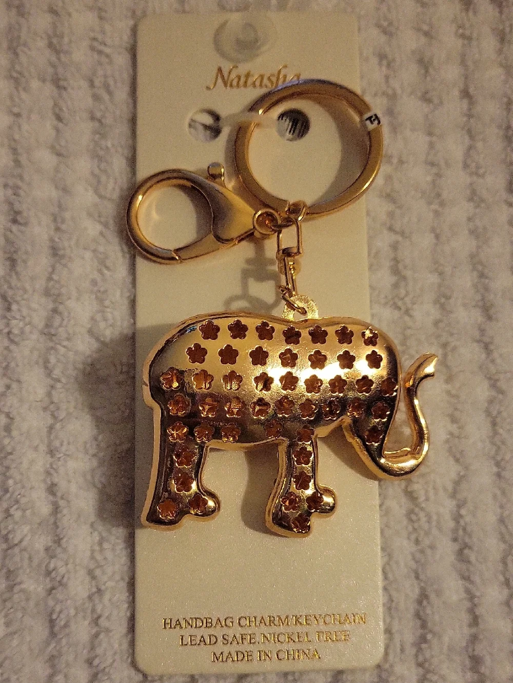New Natasha‎ Gold Elephant Charm/Keychain, Black & Cream Enamel Accents, Bling